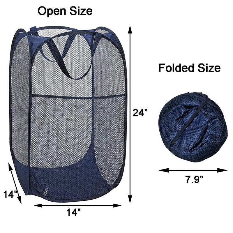 Buenod 2 Packs Mesh Pop up Laundry Hamper (Black/Navy Blue) with Portable Durable Handles, Collapsible for Storage, Folding Pop-Up Clothes Hampers for Apartment, Home, College Dorm or Travel - Image 2